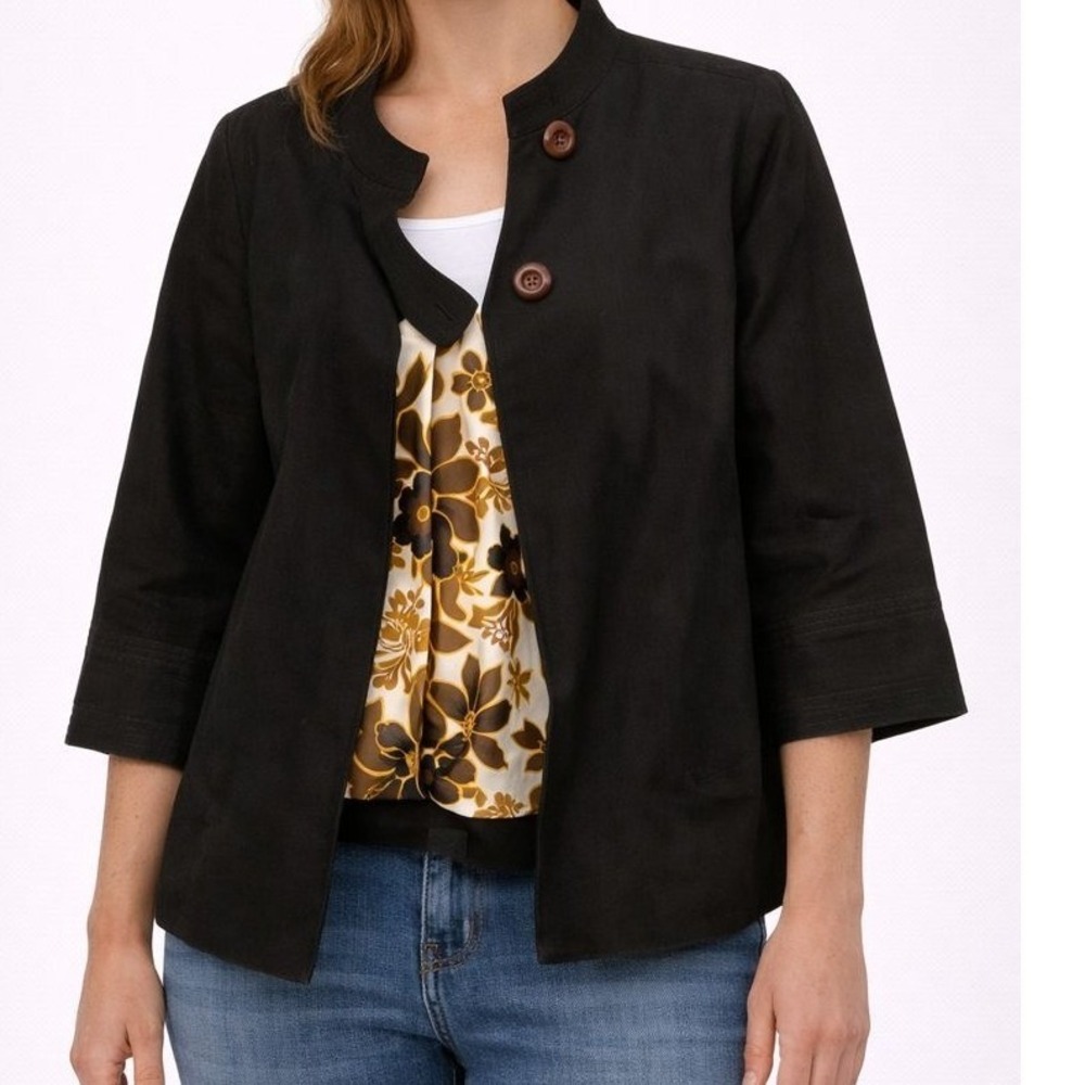J. Crew Black Linen Blend Cropped Jacket with Floral Lining Size 2